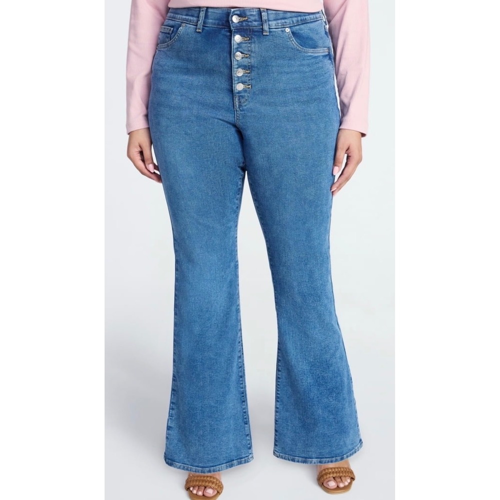 Terra & Sky Jeans Women 28W Blue Flare Leg High Rise Button Fly Stretch‎ NWOT